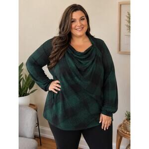 Maurices 2X Green Black Buffalo Plaid Cowl Neck Lightweight Sweater